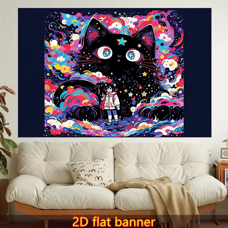 Vibrant Cosmic Cat Girl Tapestry Wall Hanging Aesthetic Anime Decor Kawaii Galaxy Art Living Room Bedroom Decoration Gift