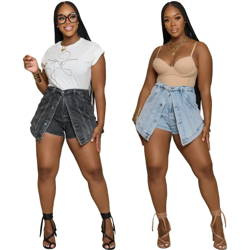 Fake Two Piece Buttons Jeans Shorts Skirts Women Fashion Casual Elastic High Waist Slim Denim Culottes Female Streetwear Bottoms