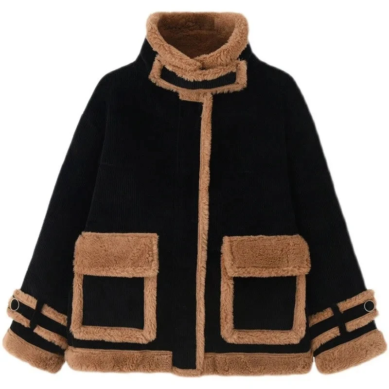 Imitazione cappotto di lana di agnello femminile 2023nuovo autunno inverno giacca spessa Retro stile Hong Kong imitazione agnello velluto a coste tuta da moto