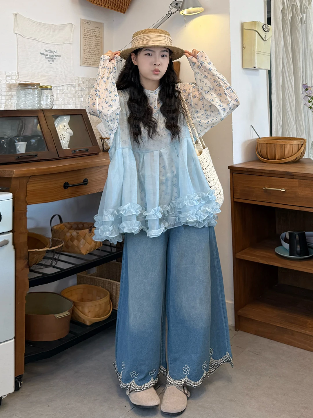 

plus Size Summer Women's Faion Set High Waist Denim Pants Long Sve Me Lace Sun Protection Vest Casual Sle