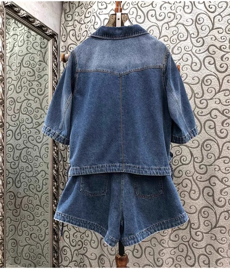 Imagem -03 - Top Quality Denim Ternos Curtos para Mulheres Senhoras Sexy Cross String Tops Patchwork Conjunto de Bolso Primavera Verão Pcs 2023