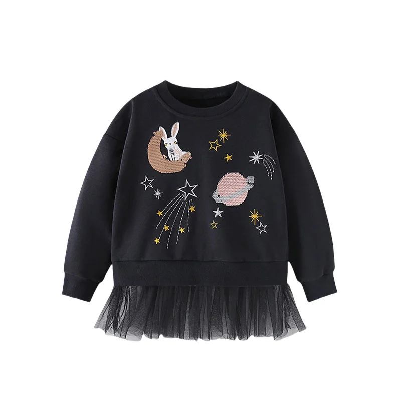 Jumping Meters New Arrival 2-7T Girls Baby Clothes Moon Space Beading Girls Sweatshirts Toddler Costume Mesh Hooded Shirts