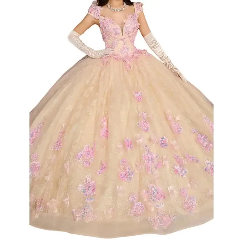 Aa533 personalizado princesa vestidos de festa de aniversário 2025 v pescoço 3d floral vestido de baile xv anos doce 16 quinceanera baile