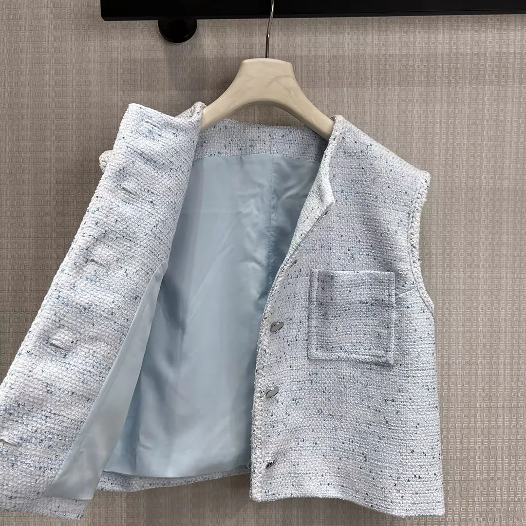 2026 New Fashion Sweet Vintage Light Blue Tweed Vest Jacket Women O-neck Sleeveless Front Pockets Sequins Embroidery Tank Coat