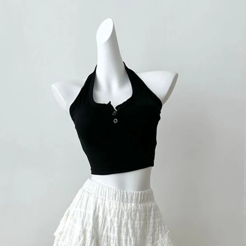 Pittige Meisjes Gebreide Halter Hemdje Vrouwen Sexy Backless Skinny Slim Crop Bottom Tops Koreaanse Eenvoudige Knop met Pad Workout Vest