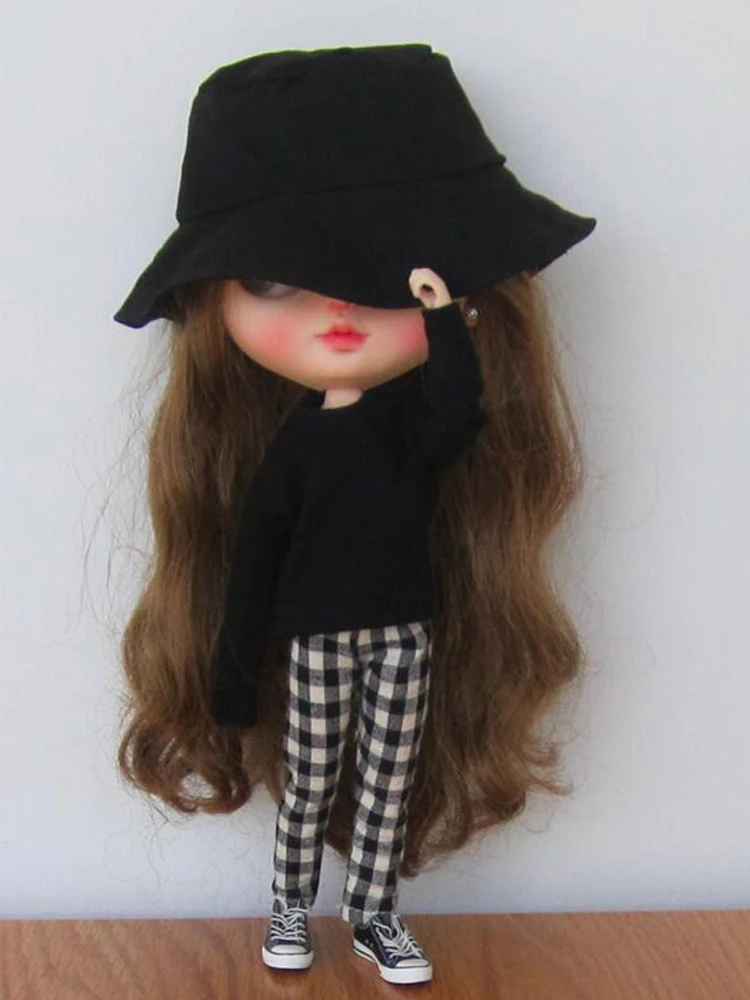 D05-P227 children toy 1/6 blyth ob24 ob27 azone19 joint BJD doll clothes Black long sleeved T-shirt checkered pants