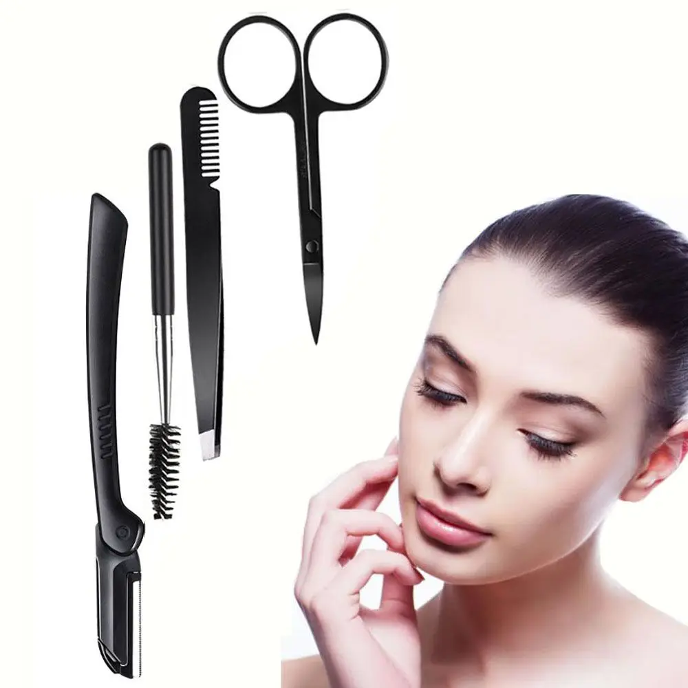 4 Pz/set Professionale Con Spazzola Pettine di Rimozione Dei Capelli Shaper Sopracciglio Trimmer Kit Sopracciglio Pinzette Strumento di Trucco Rasoio