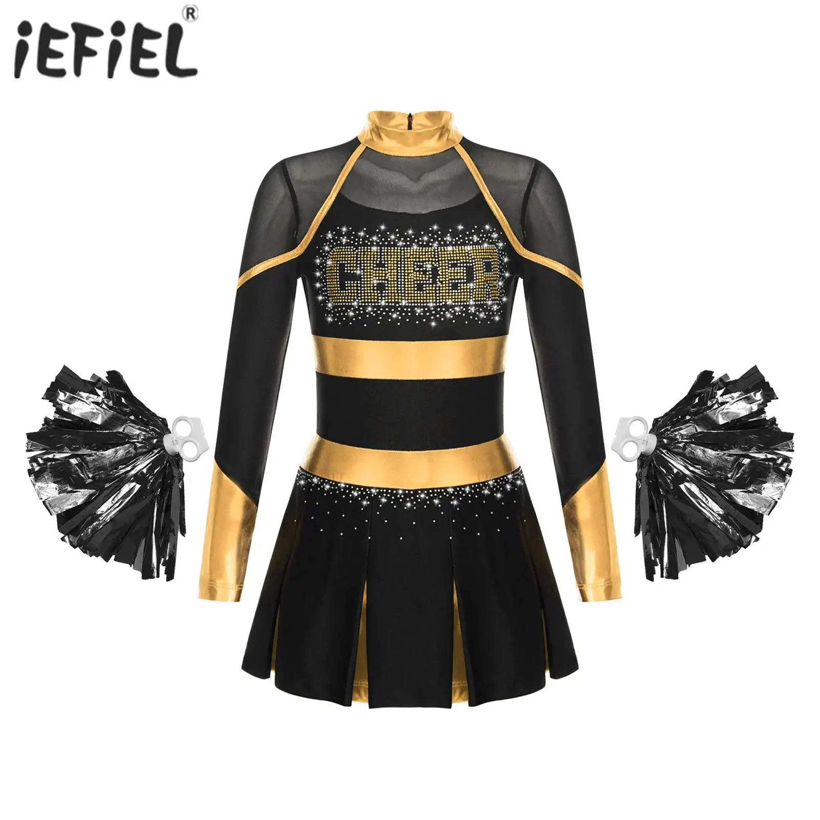 Kids Girls Cheerleading Dance Costume Uniform Rhinestones Metallic Long Sleeve Pleated Dress with Hand Flowers Cheer Leader Sets