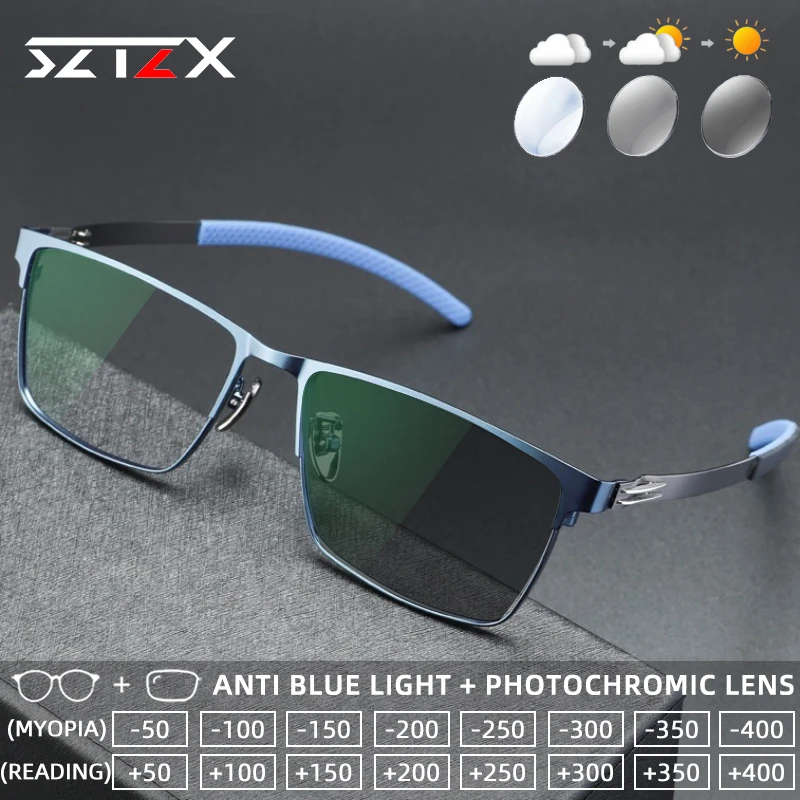 

SZTZX Sporty Screwless Titanium Photochromic Reading Glasses Blue Light Blocking Myopia Glasses Progressive Prescription Eyewear