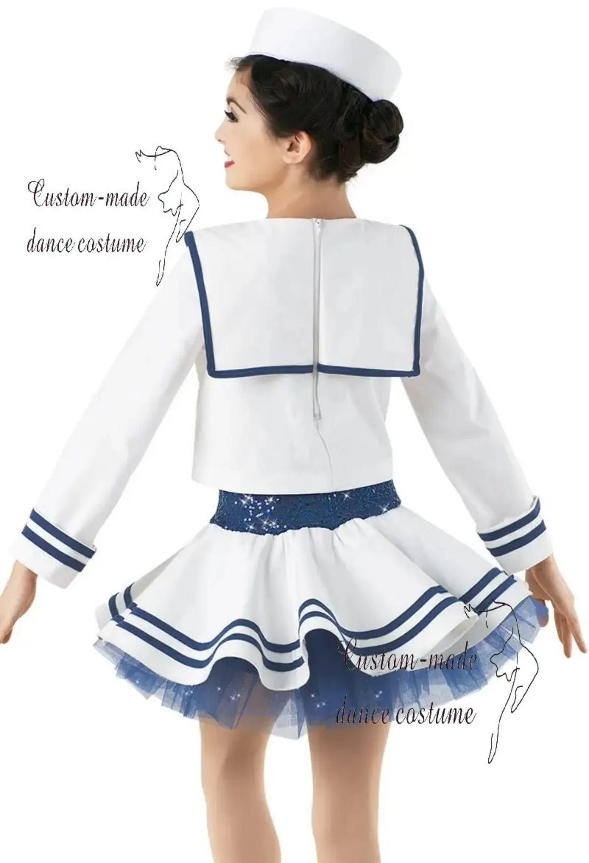 Girls' Sailor Dance Costume with Matching Hat, White & Navy Blue Nautical Outfit with Sparkle Bow and Pleated Skirt for Jazz, Ta