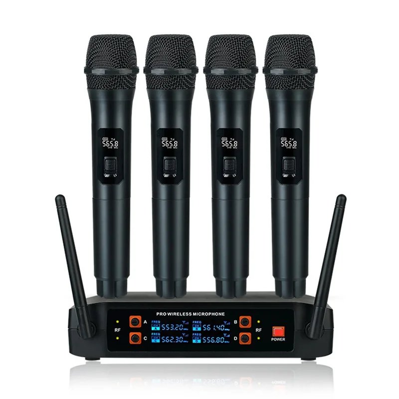 Wireless Microphone Professional Handheld 4 Channels UHF Dynamic Mic for Karaoke Wedding Party Band Church Stage EU Plug