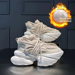 Women Winter Warm Fur Shoes Casual Chunky Sneakers High Heels Platforms Fashion Trainers White Luxury Design Brand Real Leather