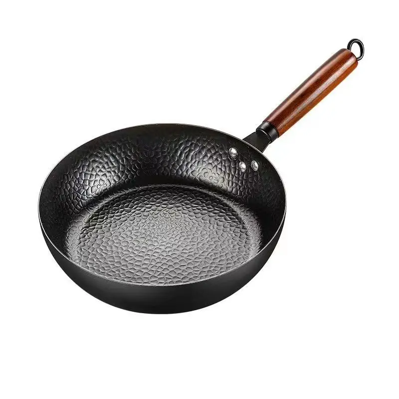 28CM Handmade Iron Pot Frying Pan Uncoated Health Wok Non-Stick Pan Gas Stove Induction Cooker Universal Wood Cover Iron Wok