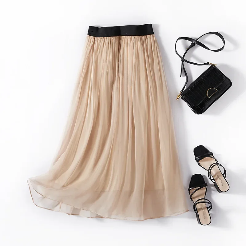 100% Mulberry Silk Crepe Skirts, Elastic, High-Waist, Smooth, Summer, 98009