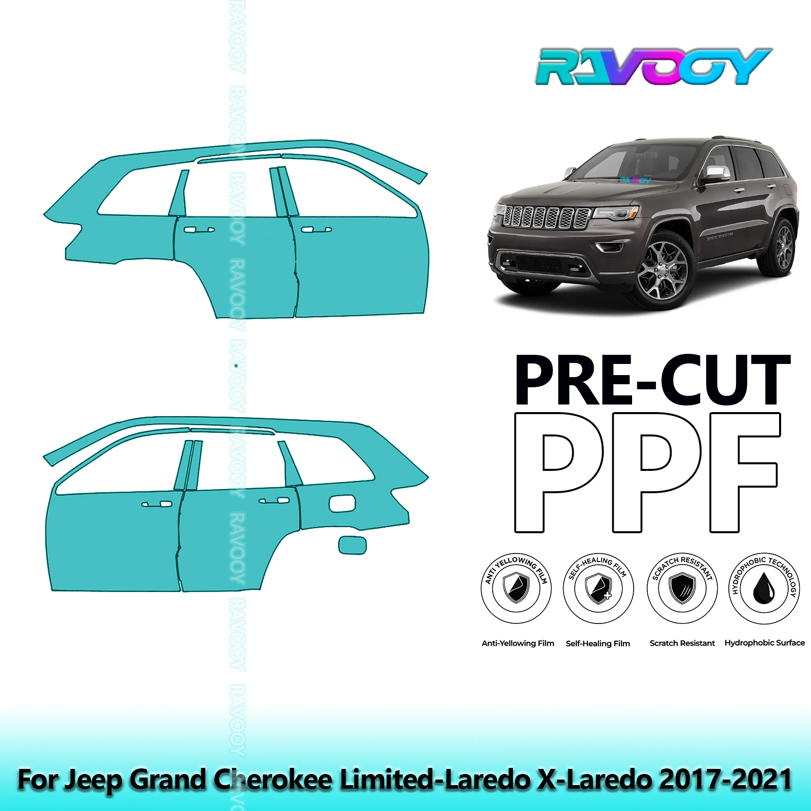 

For Jeep Grand Cherokee Limited-Laredo X-Laredo 2017-2021 8.5mil Pre-Cut PPF Door & A/B Pillar Kit TPU Paint Protection Film Set