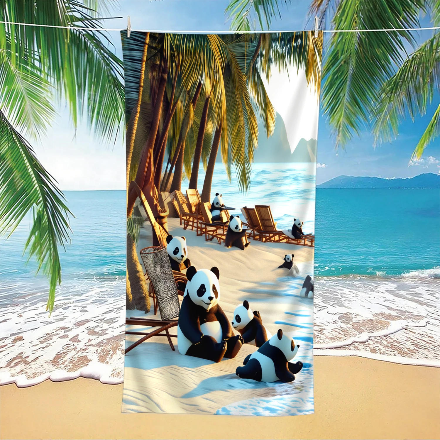1 Piece Whimsical Panda Beach Towel-Super Soft Microfiber, Quick Dry, Tropical Palm & Ocean Print Travel, Yoga, Camping, Swim