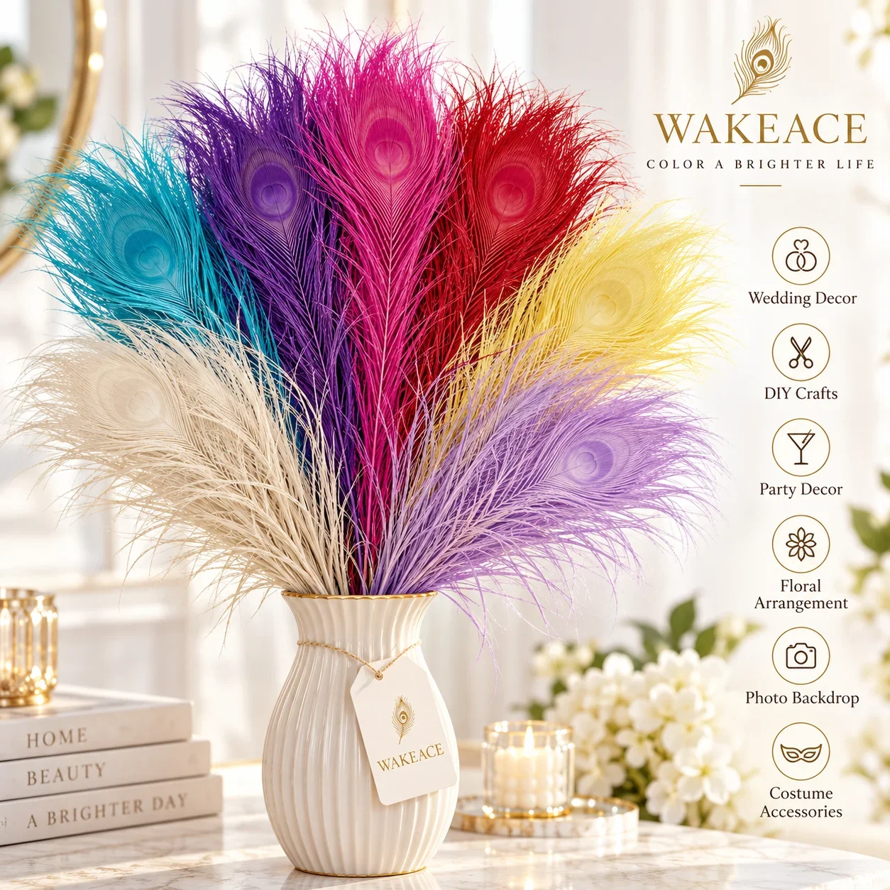 Artificial Peacock Feathers Colorful Plastic Feather Decor for DIY Crafts Wedding Easter Christmas Party Costume Home Decoration