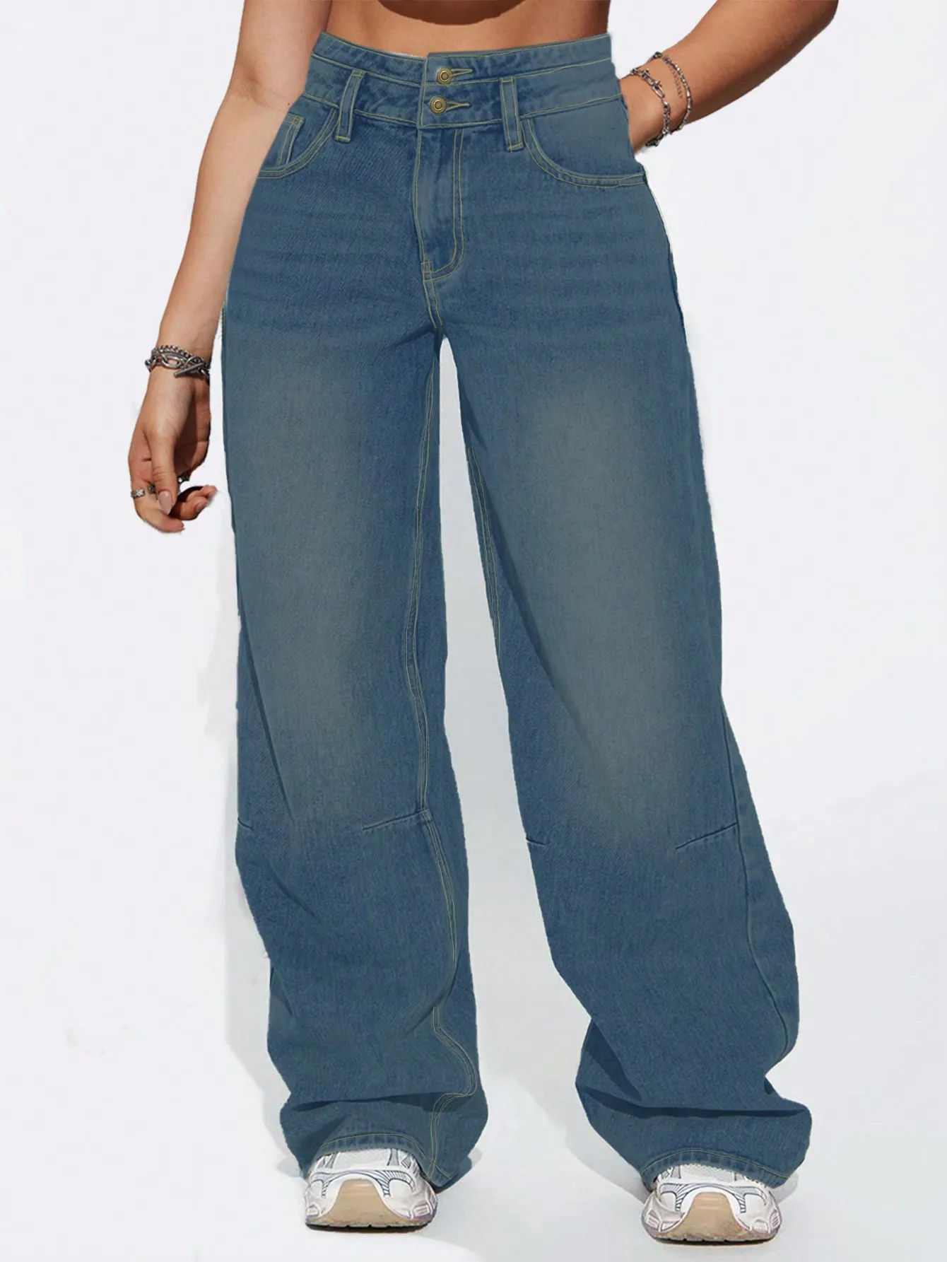 American breasted design dark blue retro denim straight leg deep blue wide leg trousers women