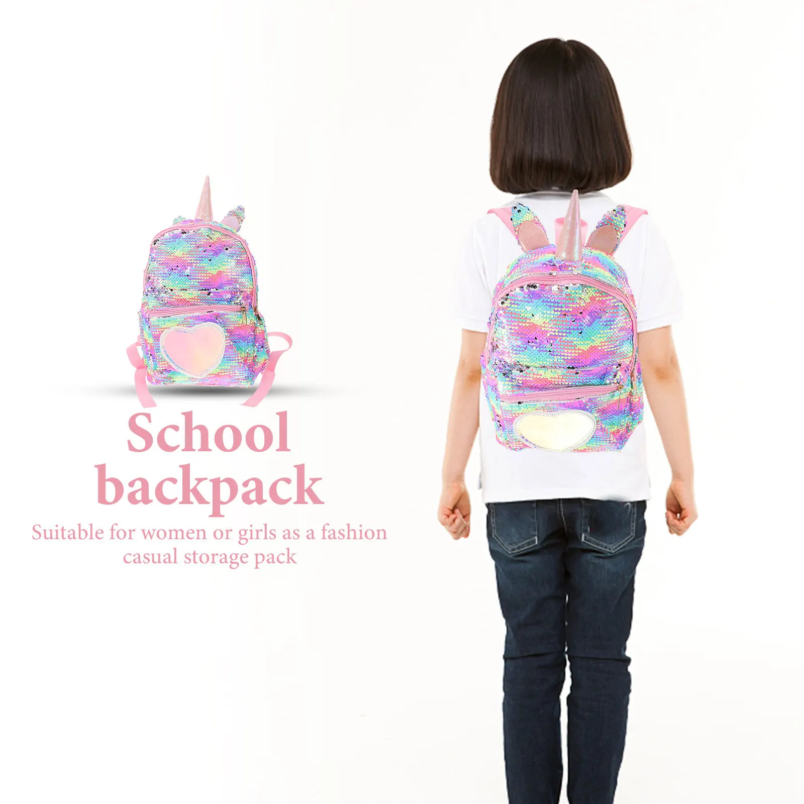 Small Size Rainbow Large Capacity Sequins Unicorn Schoolbag Student Bookbag Travel Daypack Fashion Casual Storage Pack