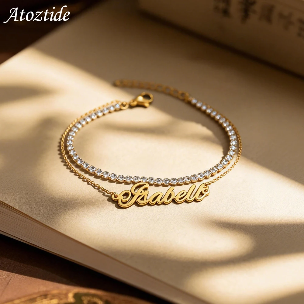 

Atoztide Custom Name Bracelet for Women 2 Layer Zircon Chain Stainless Steel Jewelry Handmade Bangle Personalized Birthday Gift
