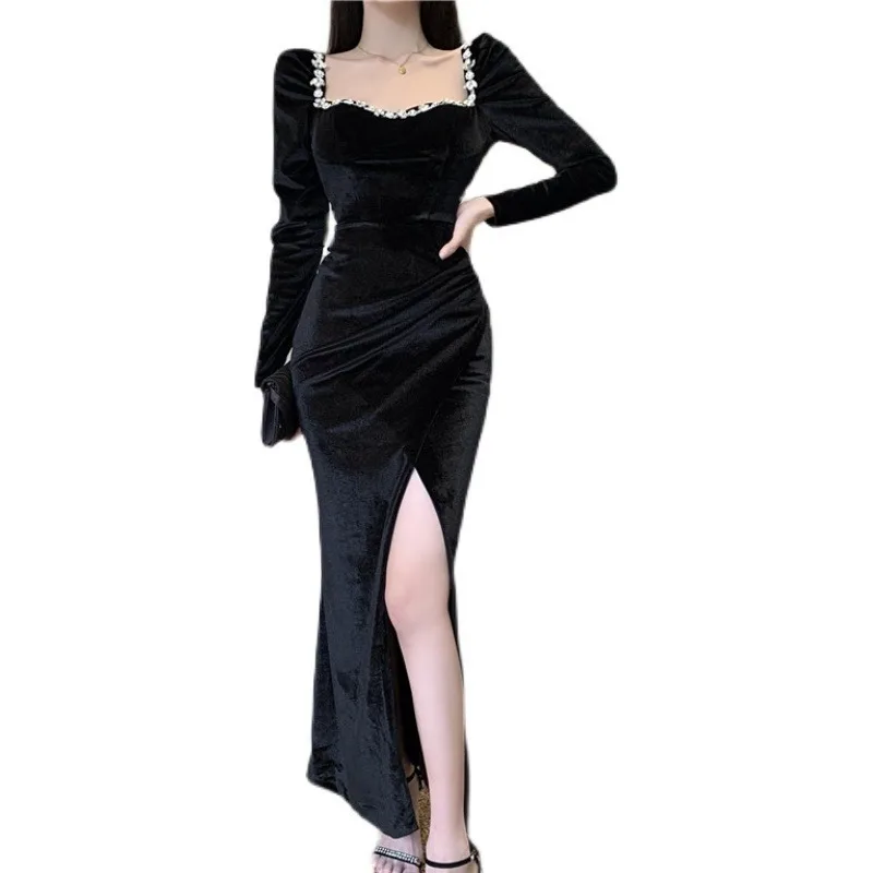 Sexy Bodycon Evening Party Dress Women Autumn New Velvet Diamonds Prom Robe Ladies France Vintage Split Mermaid Vestidos Mujer