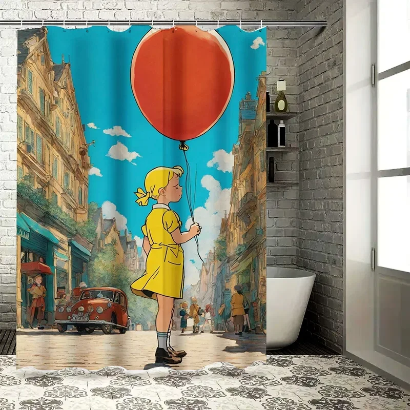 

Girl with Red Balloon Shower Curtain Vintage Street Scene Bathroom Decor