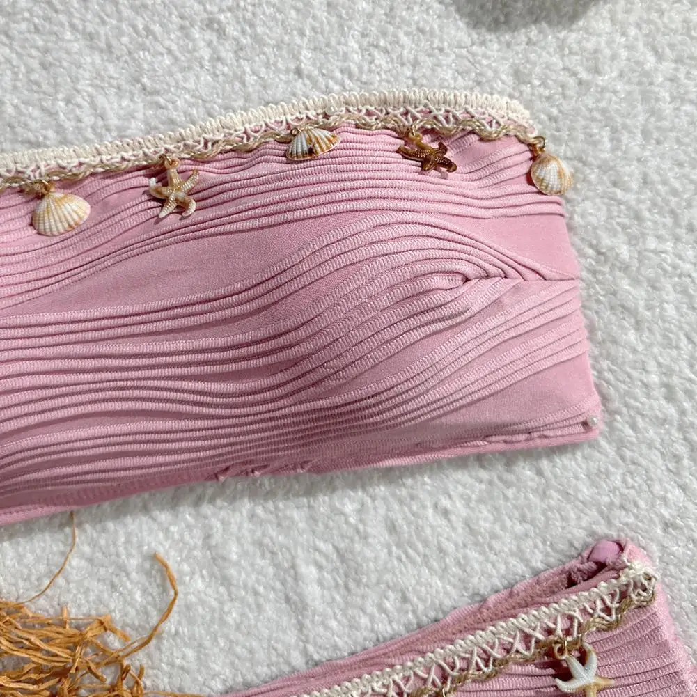 2Pcs/Set Women Bikini Set, Sexy Split Swimsuit with Chest Pad No Steel Support, Summer High Waist Beachwear with Shell Decor