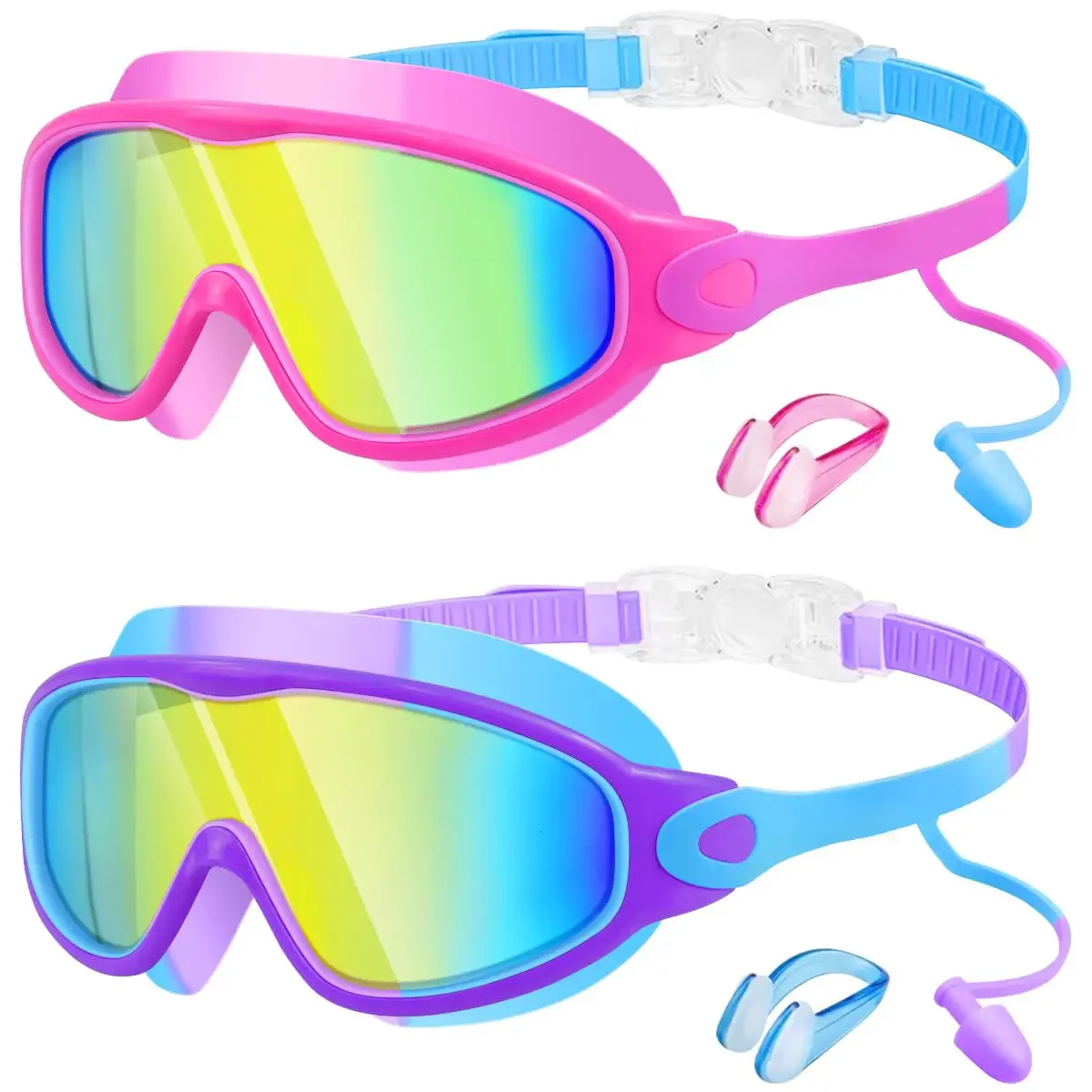 

[Clearance]Swim Goggles 2 Pack, Kids Swimming Goggles with Earplugs&Nose Clip Wide View Anti-Fog/UV, Adjustable Straps for Age 3-15 Boys Girls summerwins
