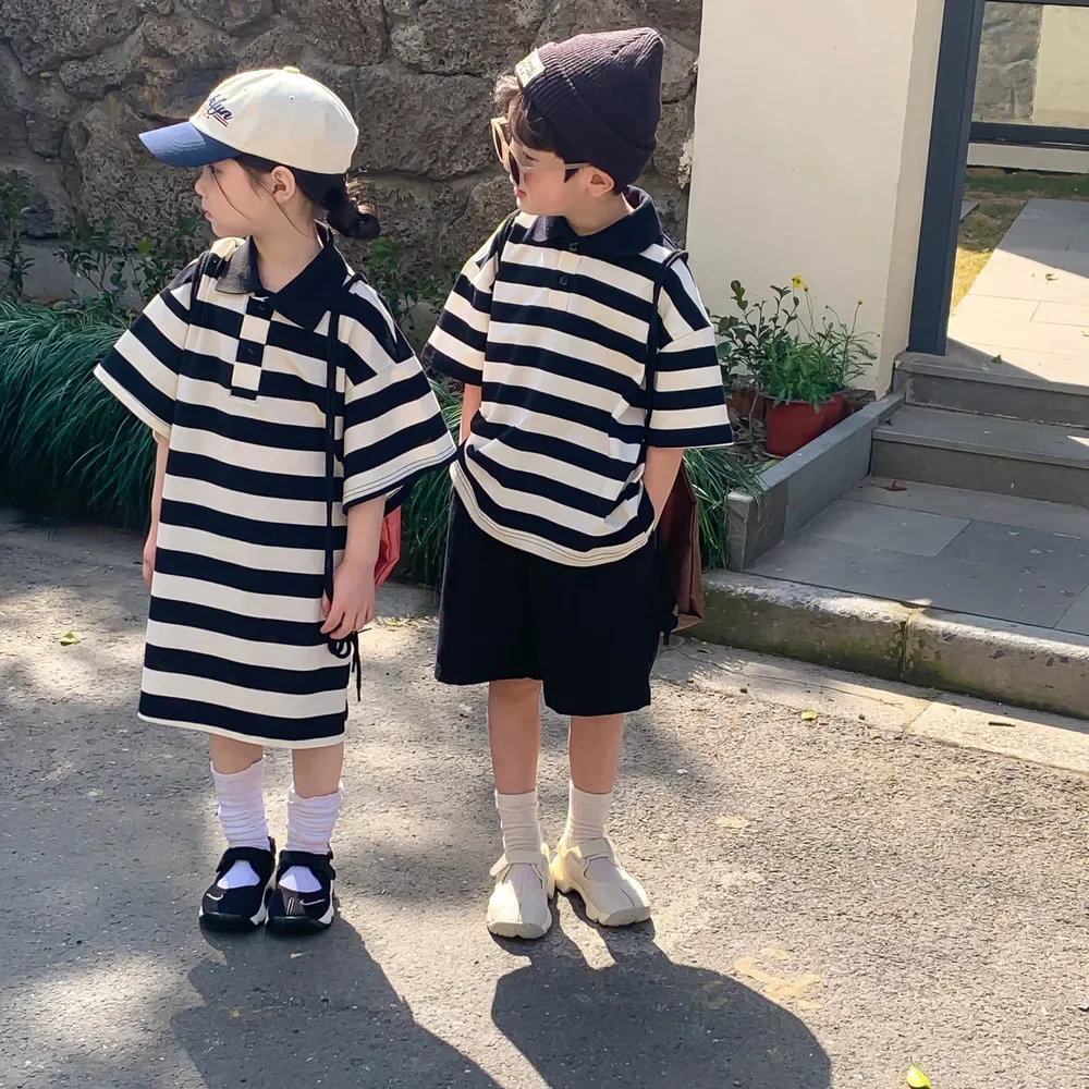2026 Summer Sibling Matching Outfits Kids Striped Polo Shirt Set Boy Short Sleeve Top + Shorts Girl Polo Dress Casual Loose