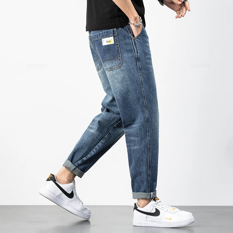 Autumn Winter High Quality Cotton Jeans Men Harem Ankle Length Pants Classic Retro Blue Brand Loose Denim Trousers Male 28-38