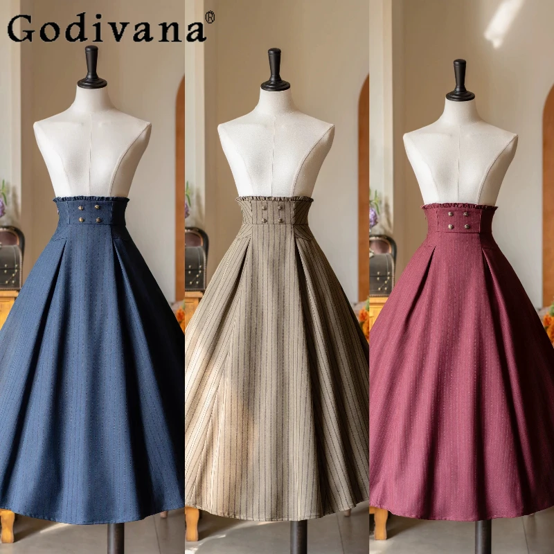

Original Retro Elegant Fishbone Skirt Spring Autumn New CLA Versatile Striped Skirts Women's High Waist Slim Lolita Long Skirts