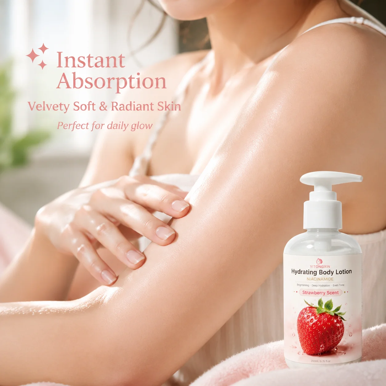 Moisturizing Body Lotion Strawberry Scent Niacinamide Hydrating Brightening Even Tone Skin Care 200ml For Women All Skin