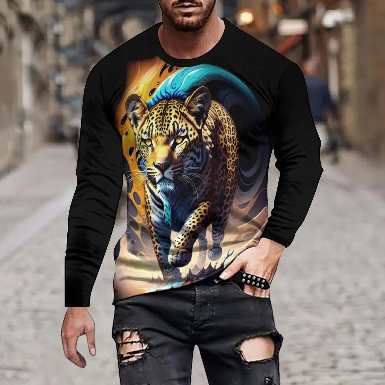 Spring And Autumn Men's Fashion Long Sleeve Loose Casual 3d Simulation Animal Print Irregular Printed Round Neck Hoodie