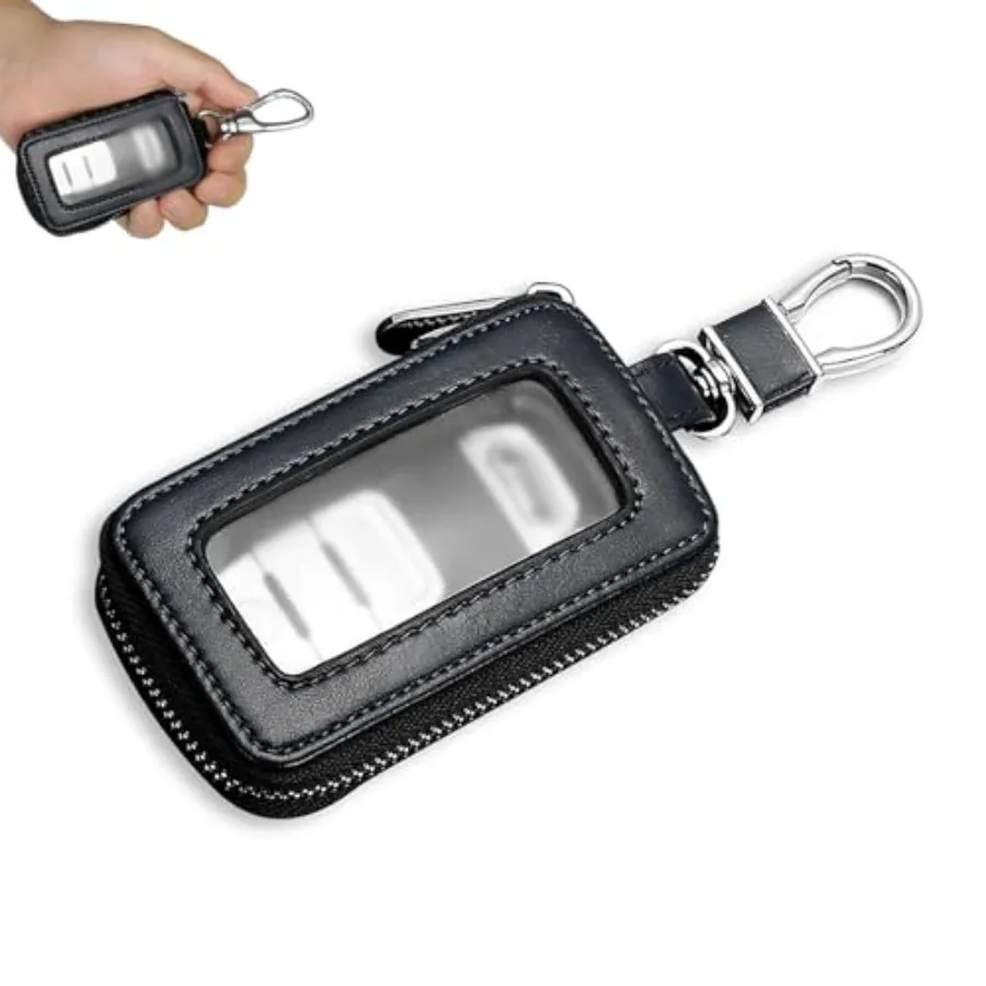 

Car Key Fob Case, Multifunctional Leather Scratch-Resistant Key Bag, Transparent Window Remote Key Holder with Metal Hook, Univ