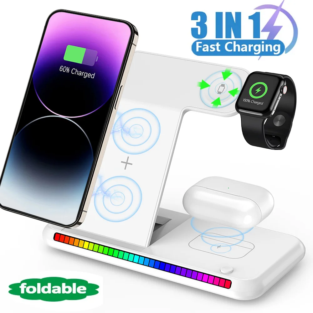 3 in1 Foldable Wireless Charger For iPhone 16 15 Pro Max Xiaomi 14 Huawei Samsung Galaxy S23 Ultra Watch Headphone Quick Charger