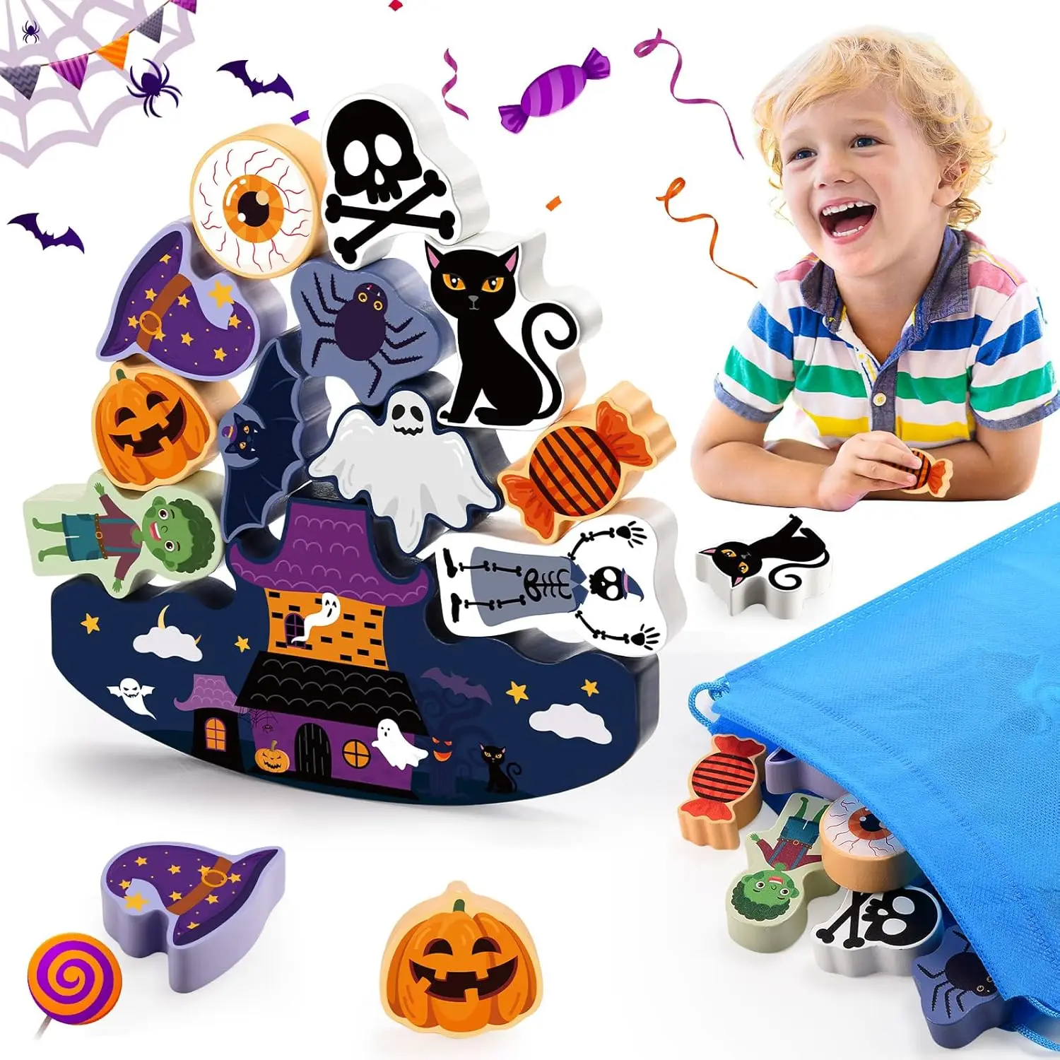 

Wooden Stacking Toys Halloween Balance Stacking Toys with Drawstring Bag Montessori Balance Competition Game Christmas Gift