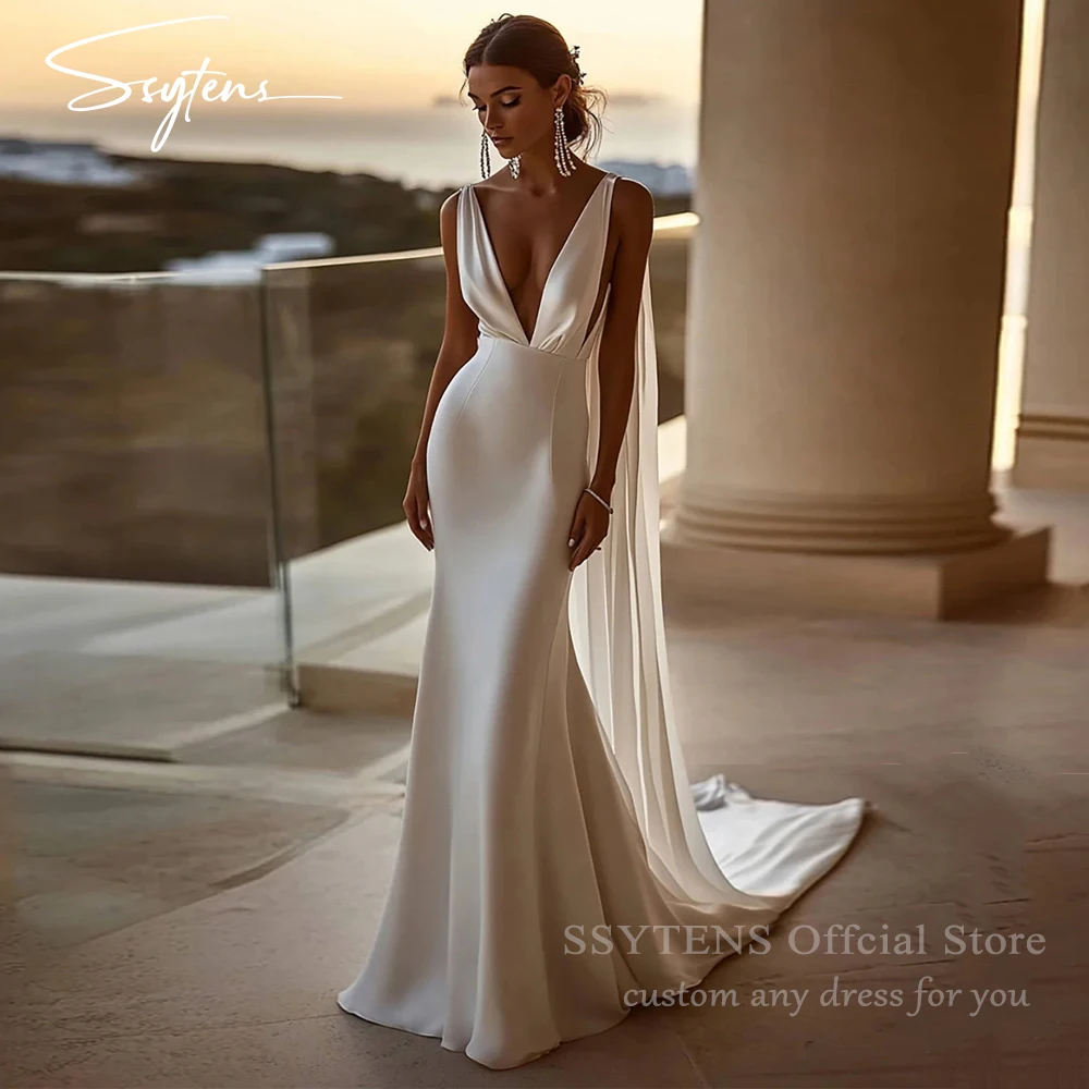

SSYTENS Sexy Beach Wedding Dresses V Neck Mermaid Bride Gowns Shoulder Shawl Bridal Dress vestidos de novia Customized No Golves