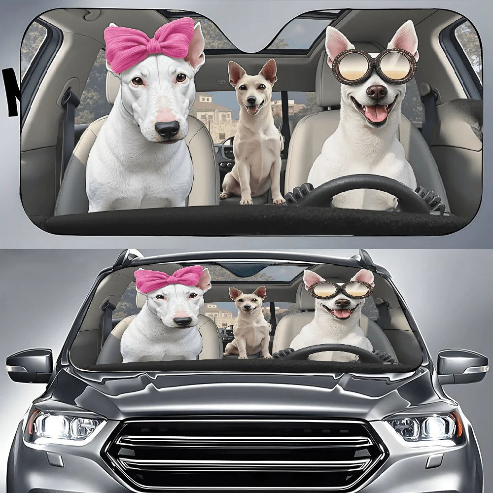 A Trio Of Dogs Resting In The Rear Seat Of A Vehicle, With For The Front Window And Decorative Elements For The Car, Including A