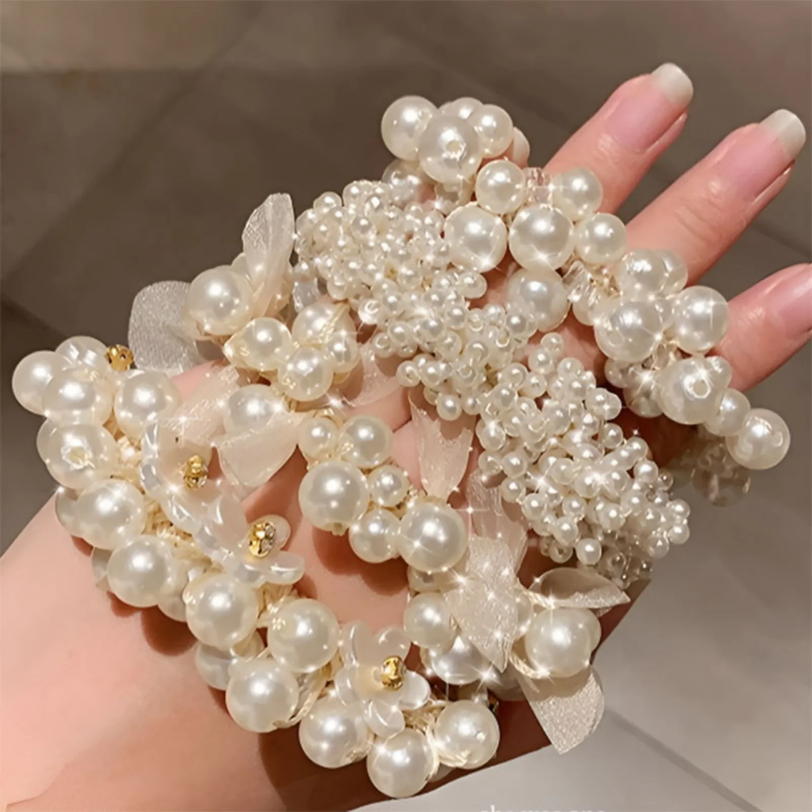4 lazos para el cabello de perlas con bucles de cuero para Otoño Invierno elásticos para el cabello elegantes minimalistas para mujeres, adecuados para nudos superiores Ret