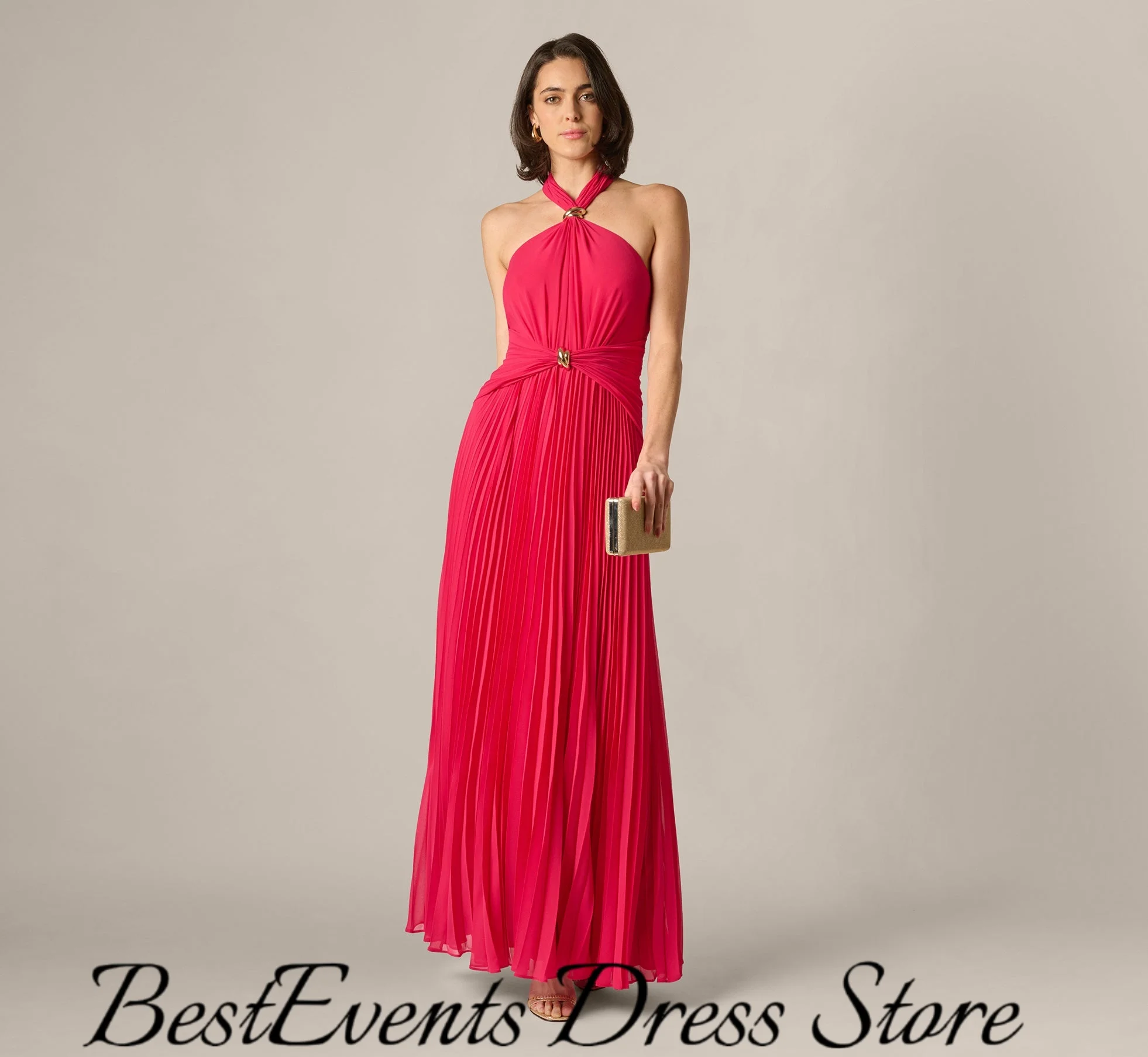 Soft Chiffon Customized Halter Dress Metal Ring Detail Pleated Floor Length Backless Gown  For Evening Party
