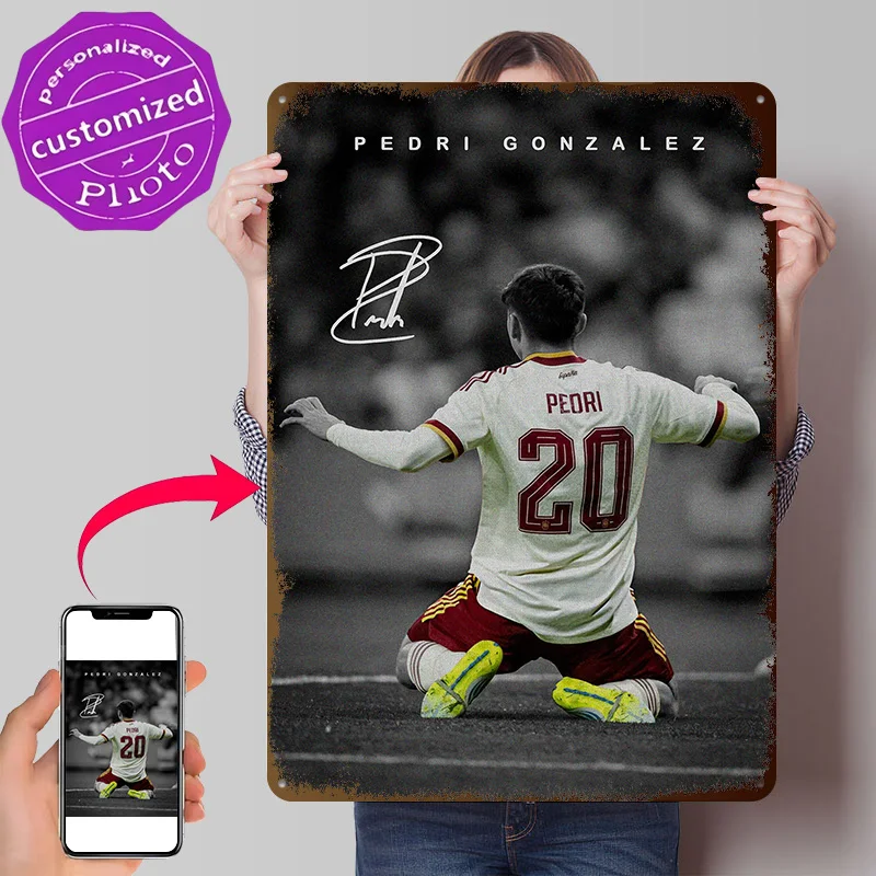 Pedri Gonzalez Soccer Jersey Poster Retro 3D Printed Metal Signs Customized Wall Hanging Gift for Decoration Garage Decorations