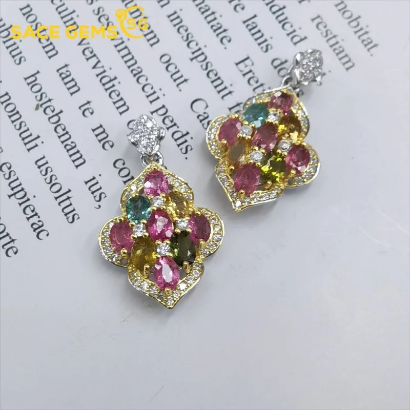 

SACE GEMS Luxury 925 Sterling Silver 3*4mm Natual Tourmaline Pendant Necklace for Women Wedding Cocktail Party Fine Jewelry