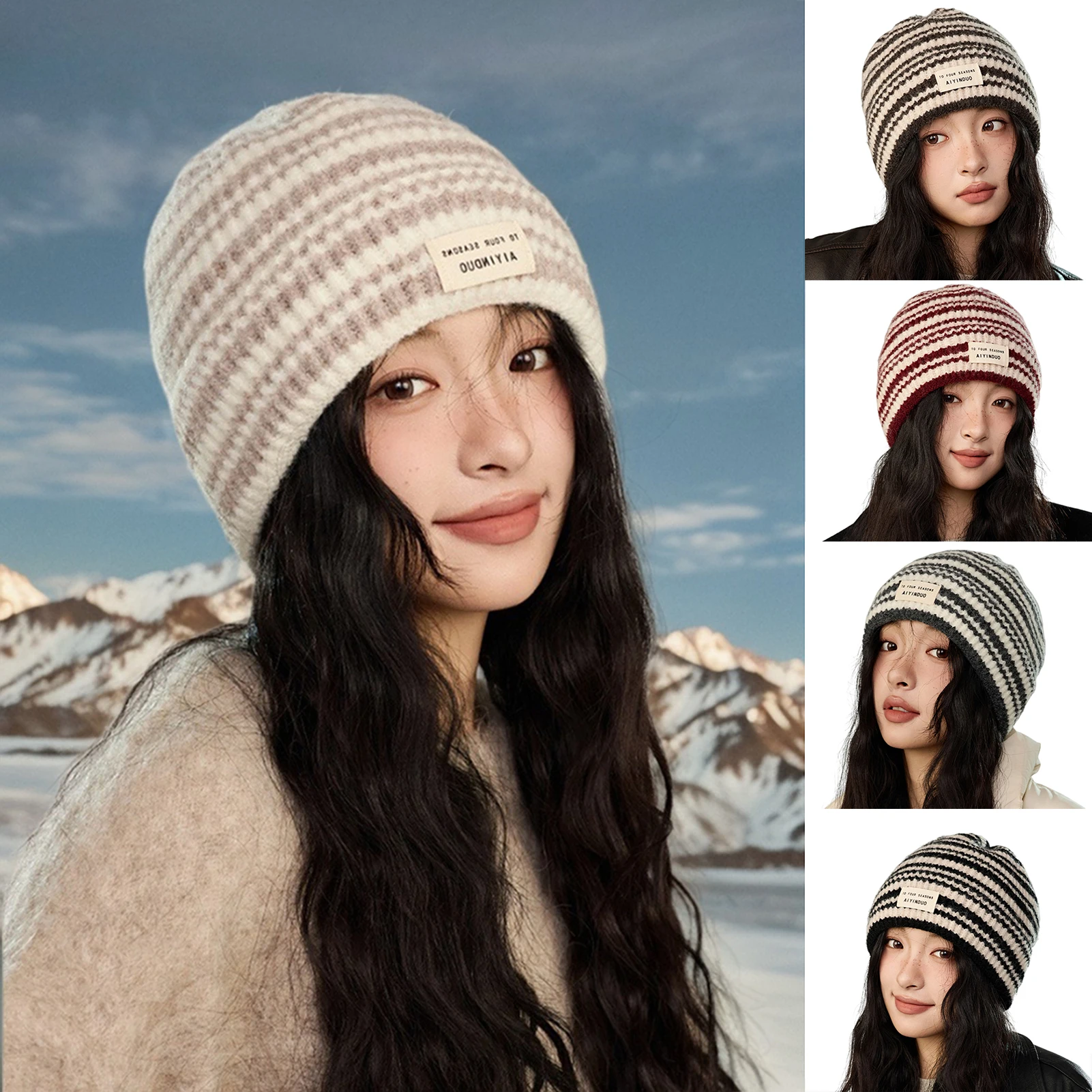 Gorro de lana tejido con pilas para hombre y mujer, gorro de jersey con tiras, gorro holgado y cómodo Unisex para exteriores, gorro cálido a prueba de frío