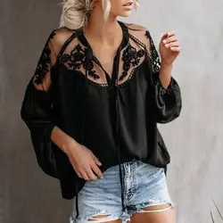 Female Blouse  Chic Flower Pattern Embroidery Lace Patchwork Shirt Top  Comfy Casual Blouse