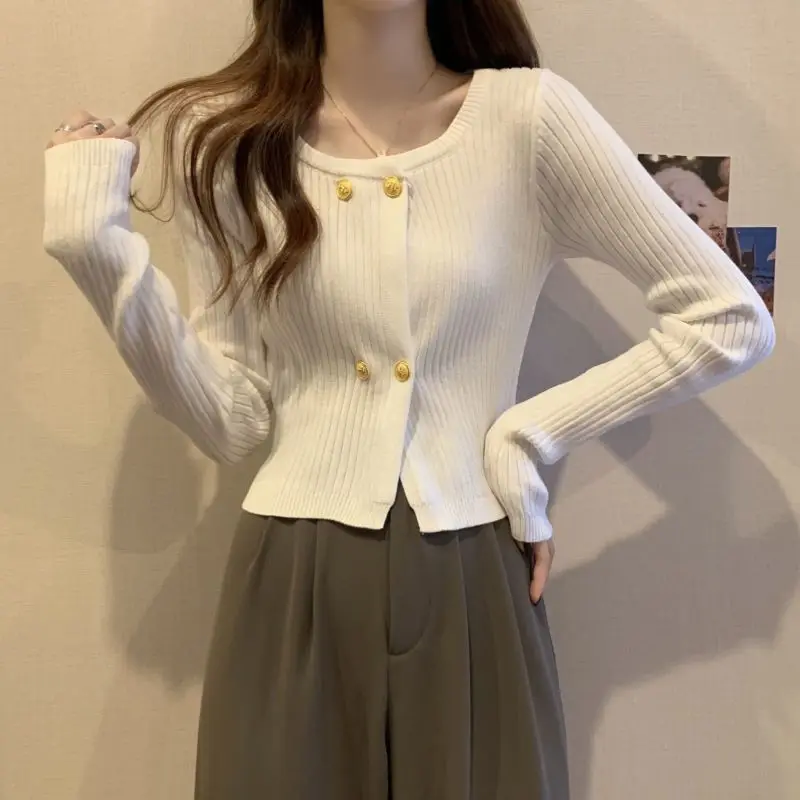 Square Neck Slim Fit Knitted Cardigan Women's New Design Sense Niche Versatile Short Sweater Top