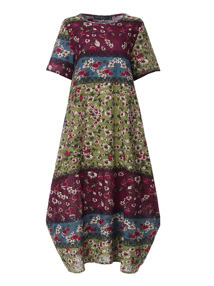 ZANZEA Böhmische Damen-Maxikleider, ethnischer Blumendruck, kurze Ärmel, langes Kleid, lässig, locker, Urlaub, Vestidos, Robe 2025, Sommer