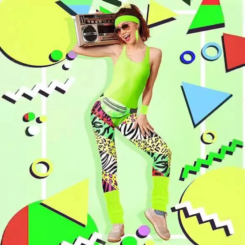 1980s زي حفلة النساء ملابس رياضية ريترو 80s ملابس السباحة 80s السيدات رياضية زي مجموعة مع اكسسوارات مجموعة الهيب هوب الملابس
