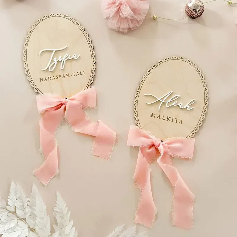 1 Pcs Wooden Ribbon Bow Milestone Card Customized Name Tag Milestone Marker Baby Shower Gift Fill in Your  Name