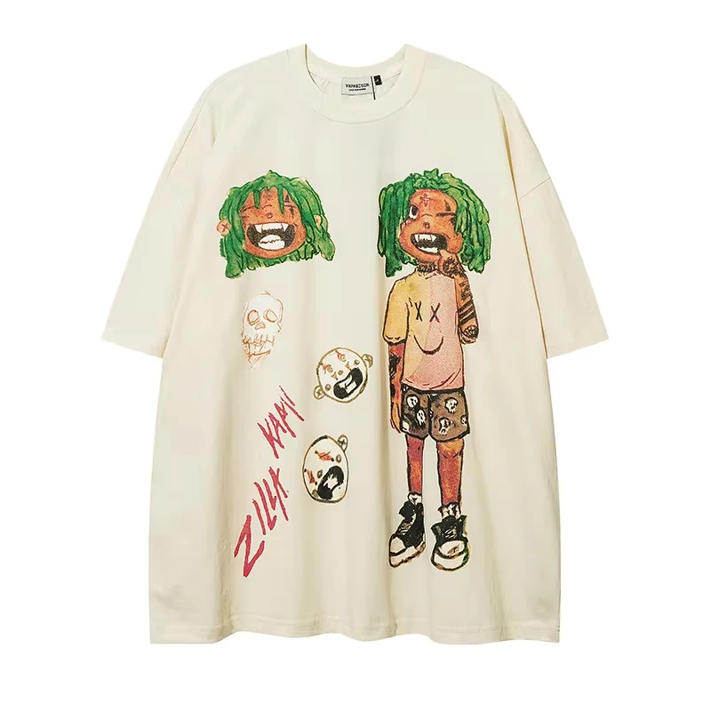 Oversized Graffiti T Shirt Men Streetwear Cartoon Tee ZIKY KAMI Hand Drawn Art Graphic Cotton Fashion Top