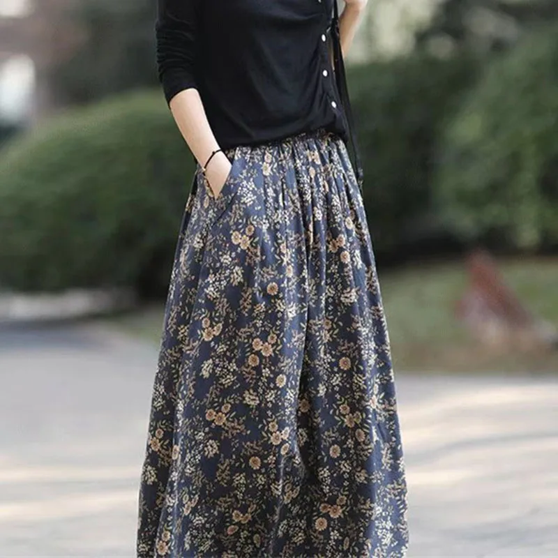 

Ladyies Large Size 5XL Casual A-line Skirt Retro Women Fashion High Waist Maxi Skirt Summer Feminine High-end Floral Long Skirts